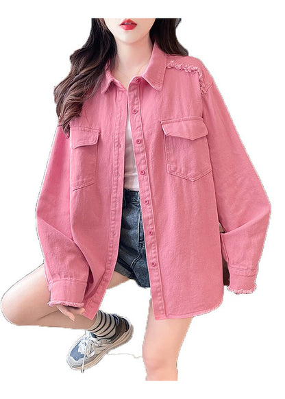 Pink Peter Pan Collar Pockets Denim Shirts Coat Fall Qx021
