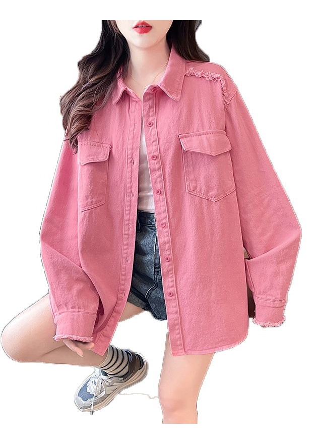 Pink Peter Pan Collar Pockets Denim Shirts Coat Fall Qx021