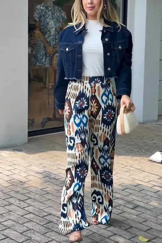 Emelia Unique Print Back Elastic Waist Pocket Wide Leg Pants