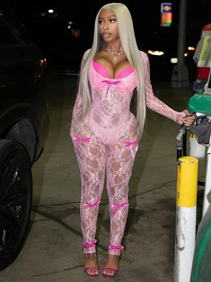 See Through Mesh Jumpsuit Bow Splice Long Sleeve Bodycon One Piece Hot Girl Party Club Overalls for Woman