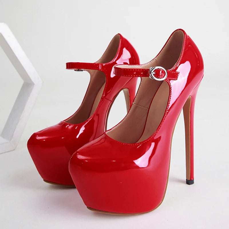 Red High Heels Platform Pumps 17cm Runway Patent Leather Round Toe Buckle Strap Party Wedding Stripper Shoes