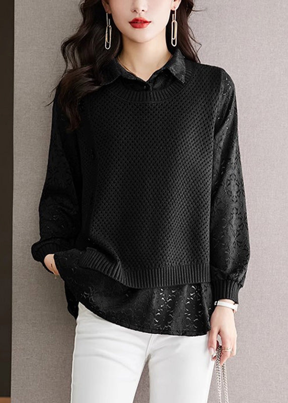 Style Green Peter Pan Collar Fake Two Pieces Lace Patchwork Knit Sweater Fall Wd026