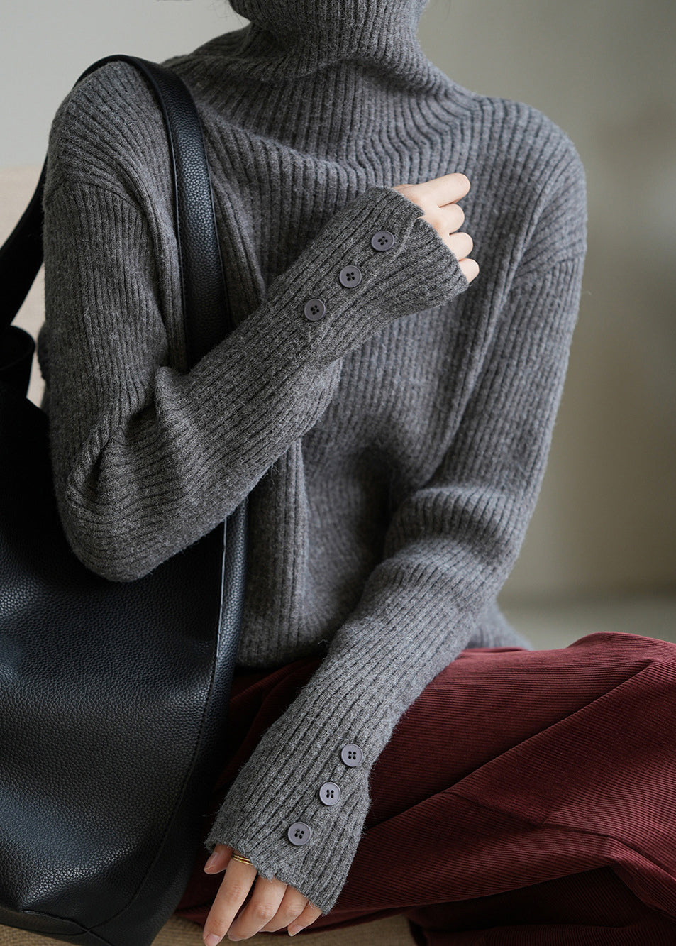 Boutique Camel Hign Neck Button Thick Knit Sweaters Fall Af1067