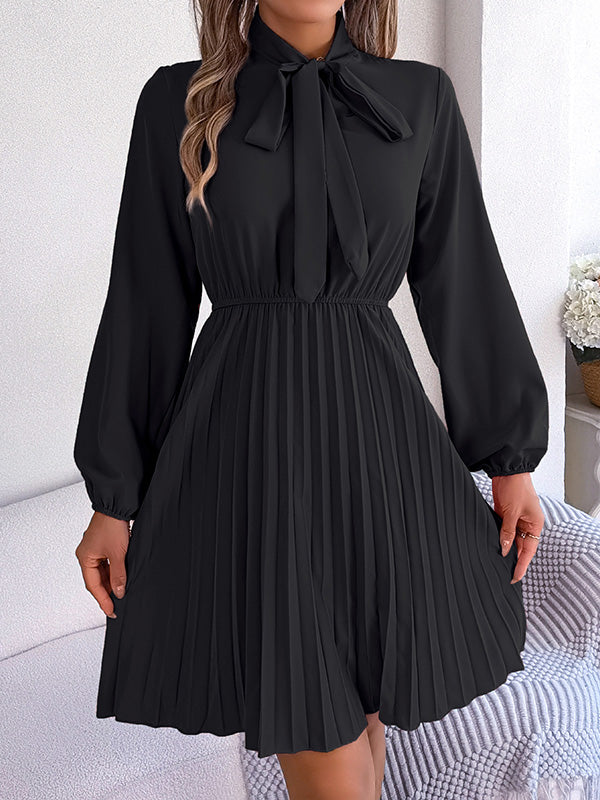 Long Sleeves Loose Pleated Color Tied Mock Neck Mini Dresses