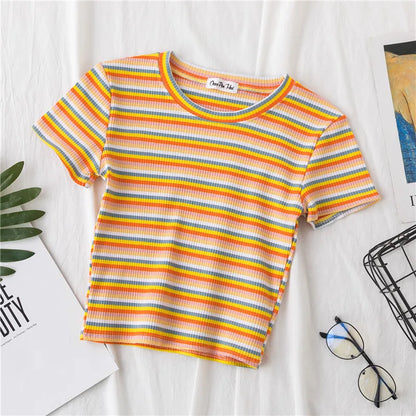 New T Shirt Rainbow Striped Tops Slim Fit T Shirt Harajuku Tshirt Summer Short Sleeve Korean T-shirt Feminina Clothes Tops