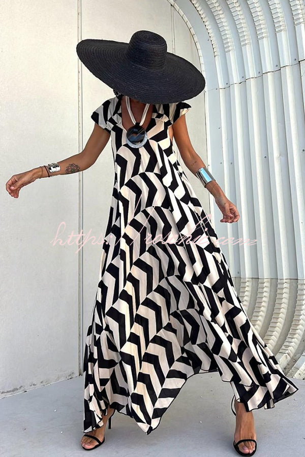 Fresh Breeze Unique Print Ruffle Sleeve A-line Maxi Dress