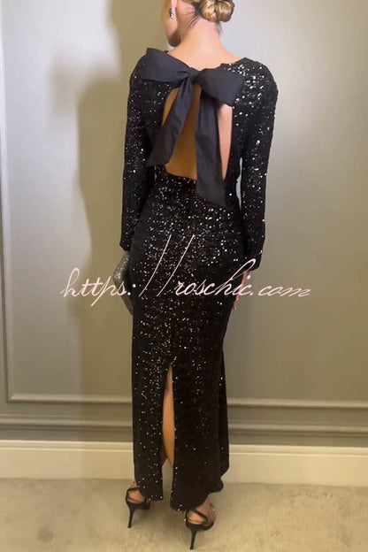 Looking to Party Sequin Padded Shoulder Backless Bow Design Maxi Dress