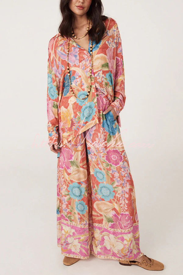 Painter's Garden Print Elastic Waist Pocketed Wide Leg Pants