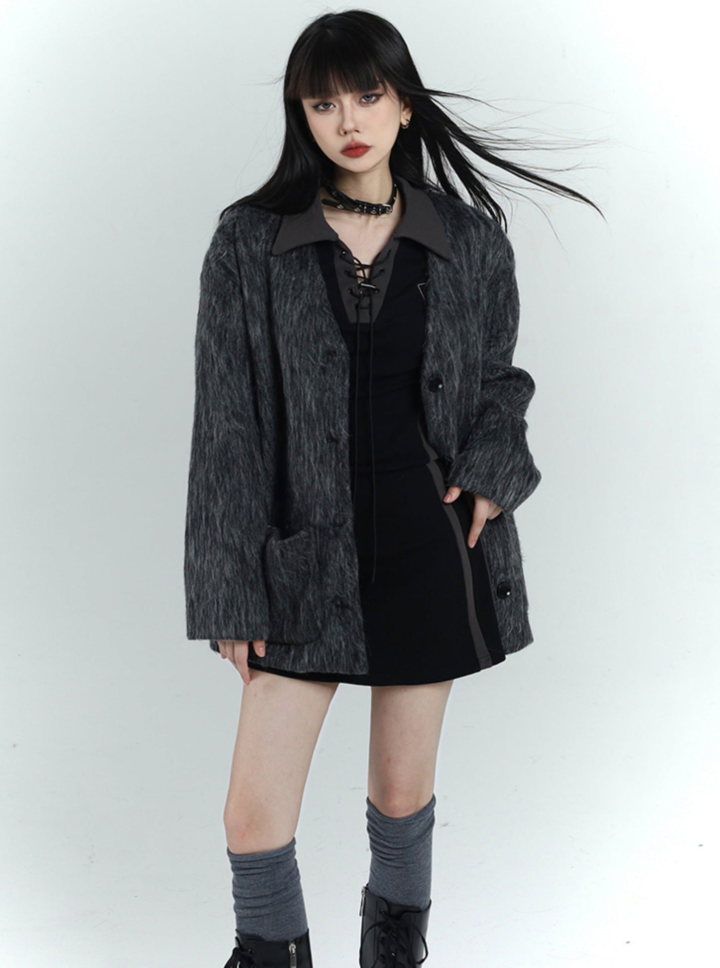 Lace-up Collar Mini Dress