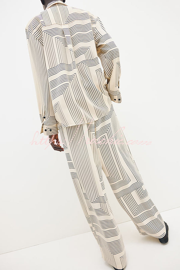 Unique Print Lapel Long Sleeve Loose Shirt and Elastic Waist Pocket Wide Leg Pants Set