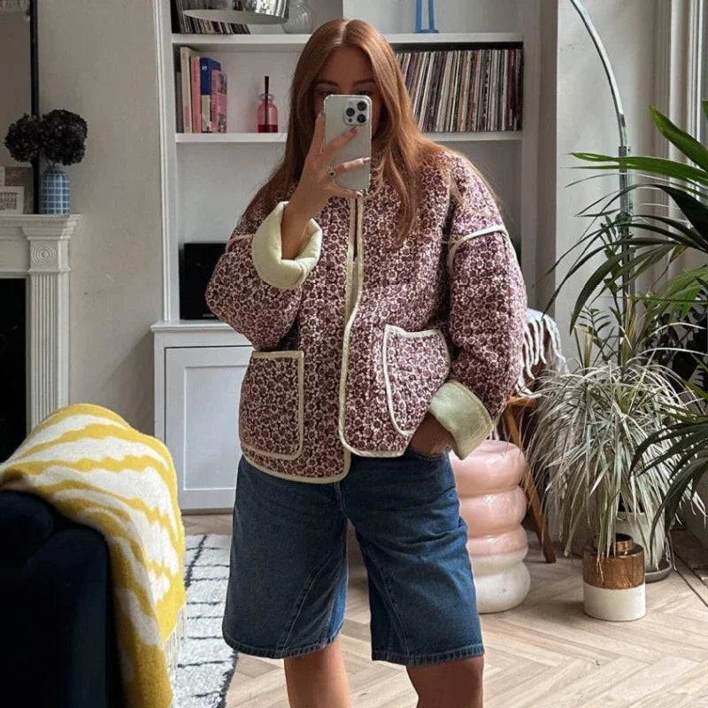 Flower Print Jackets for Pocket Slim Coat Clothes Street Autumn Cardigan Female New Outerwear