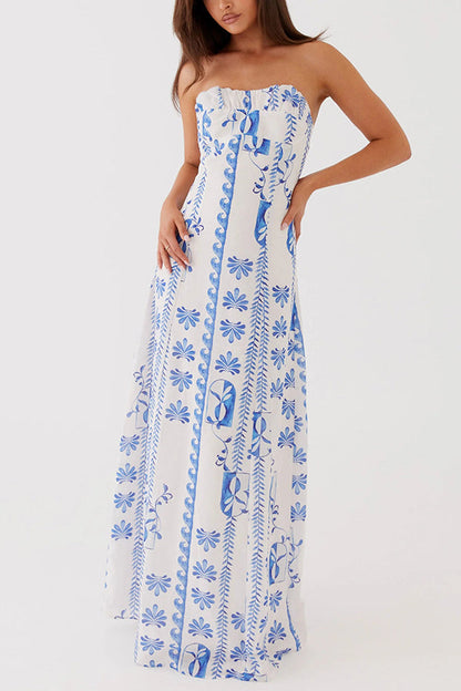 Freya Linen Blend Wave Print Ruched Bust Strapless Maxi Dress