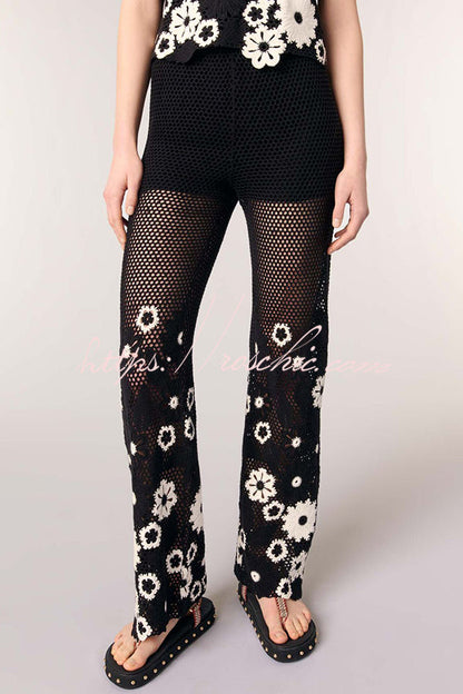 Embroidered Hollow Hook Elastic Waist Wide-leg Pants