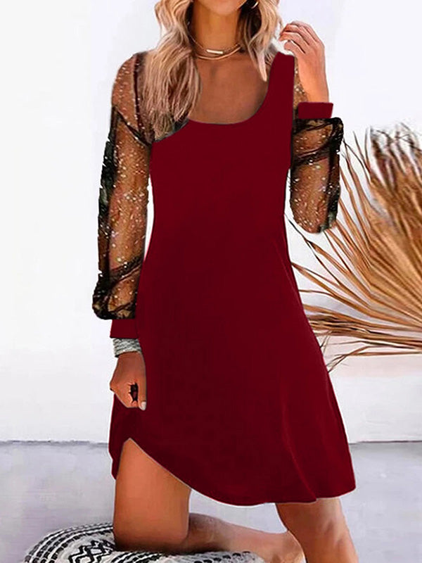 A-line Long Sleeves Mesh Split-joint U-neck Mini Dresses