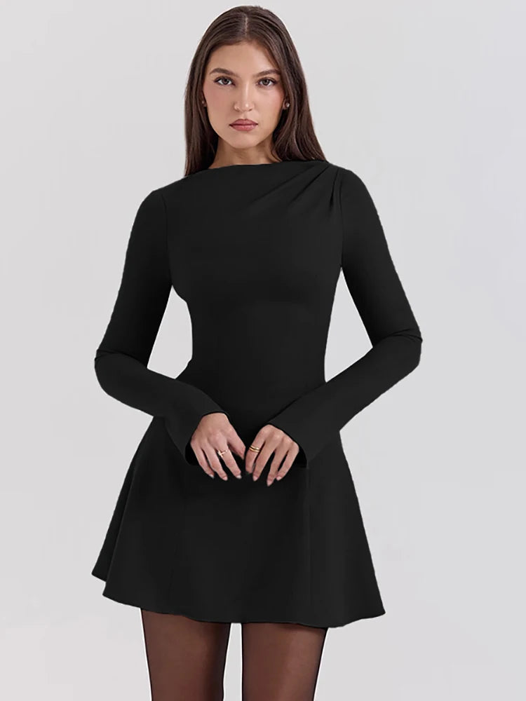 Julissa Mo Round Neck Dress Black Long Sleeve High Waist Mini Dress Female Autumn A-line Slim Party Clubwear