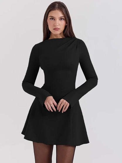 Julissa Mo Round Neck Dress Black Long Sleeve High Waist Mini Dress Female Autumn A-line Slim Party Clubwear