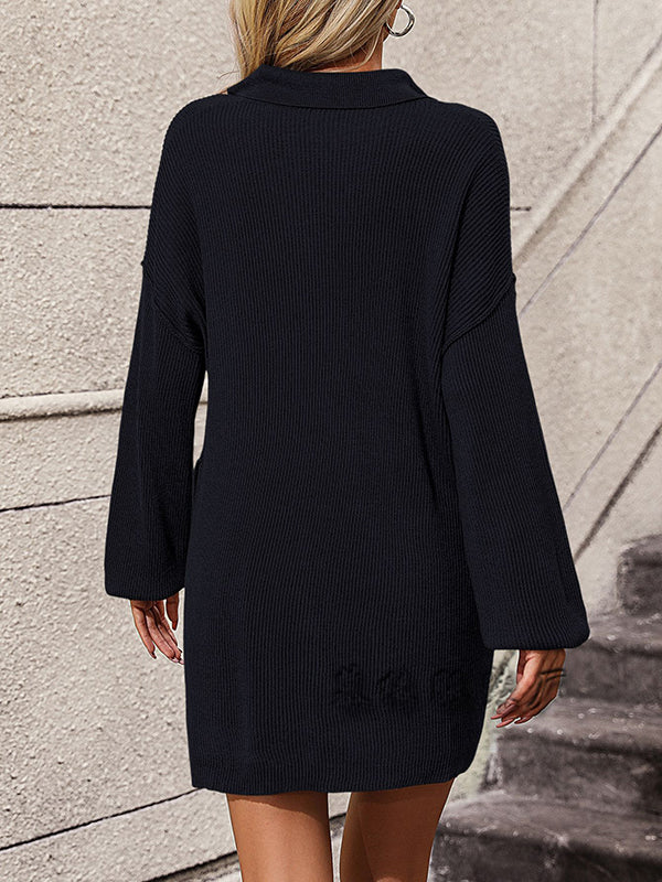 Loose Puff Sleeves Split-joint Lapel Mini Dresses Sweater Dresses