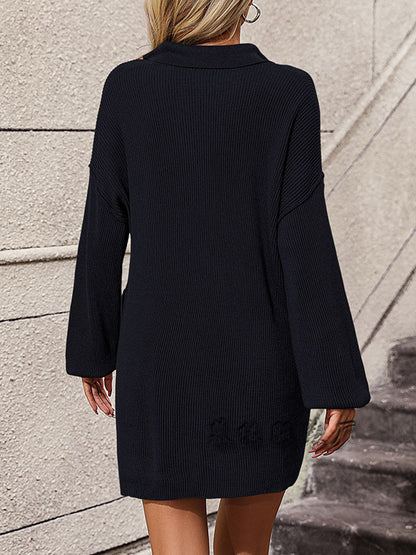 Loose Puff Sleeves Split-joint Lapel Mini Dresses Sweater Dresses