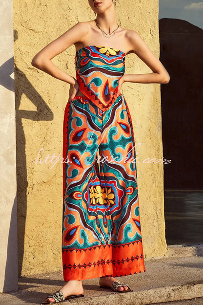 Style Unique Print Tube Top and Elastic Waist Pocket Wide Leg Pants Set