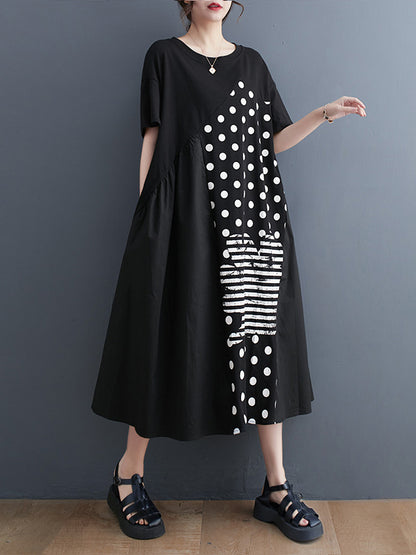 Irregularity Oversize Printed Striped Polka-dot Split-joint Round-neck Midi Dresses