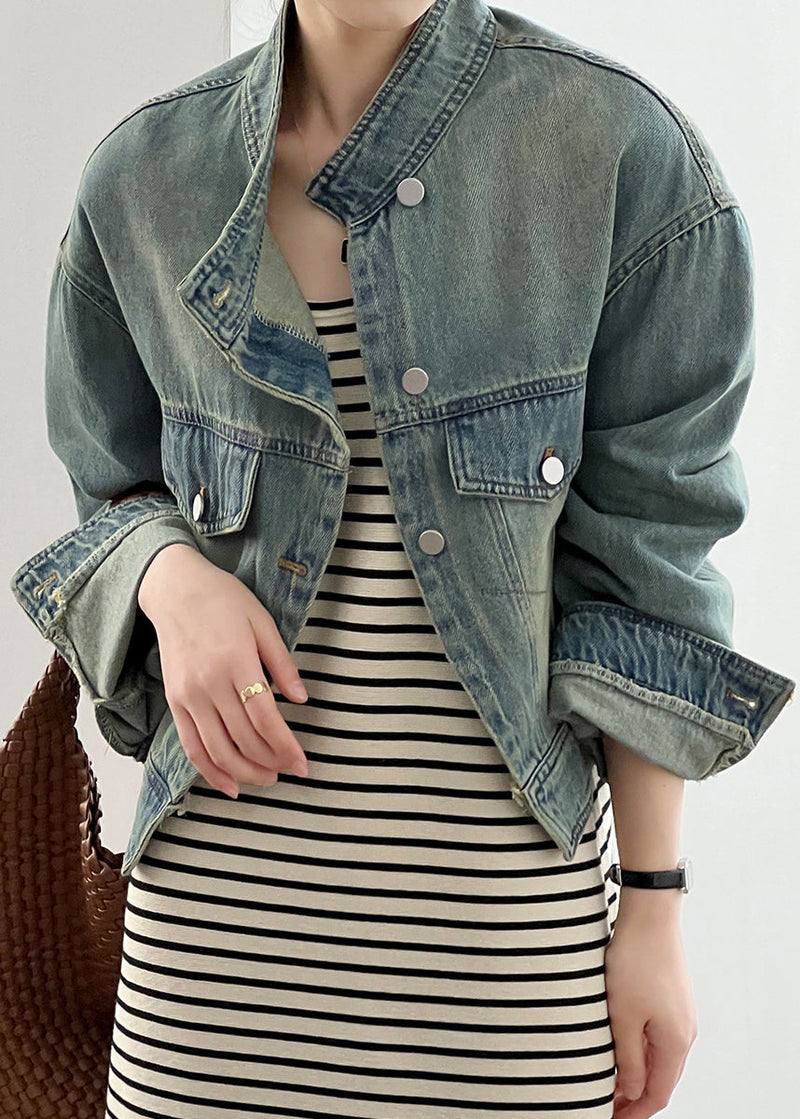 Blue Stand Collar Pockets Denim Short Coat Fall Af1029
