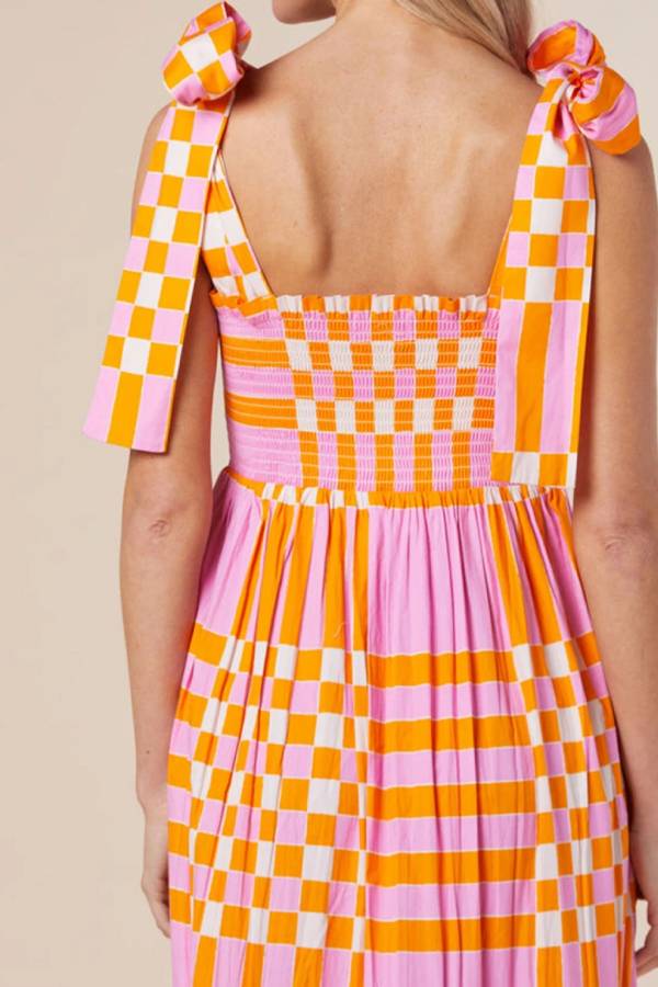 Pink Tie Strap Plaid \u0026 Striped Smocked Maxi Dress