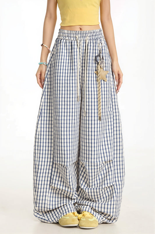 Blue Plaid Curved Pants