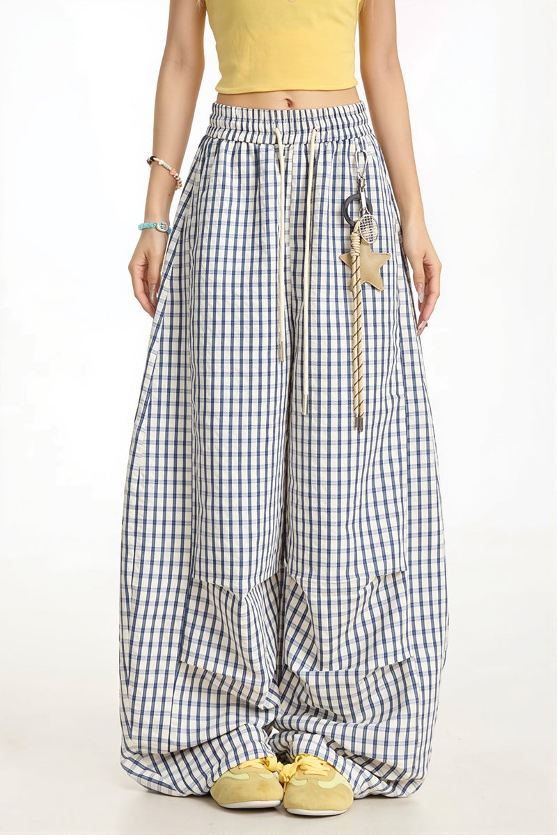 Blue Plaid Curved Pants