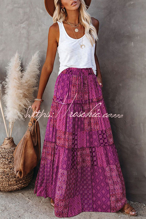 Print Stretch Elastic Waist Pocket High Waist Skirt
