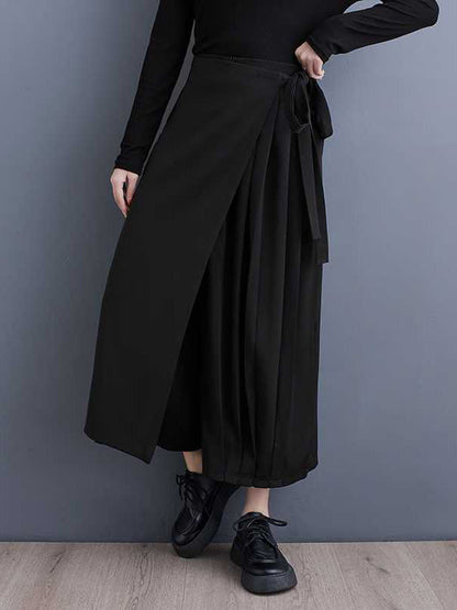 Stylish Black Elasticity High Waisted Asymmetric Tied Patchwork Pleated Ninth Pants Ws015