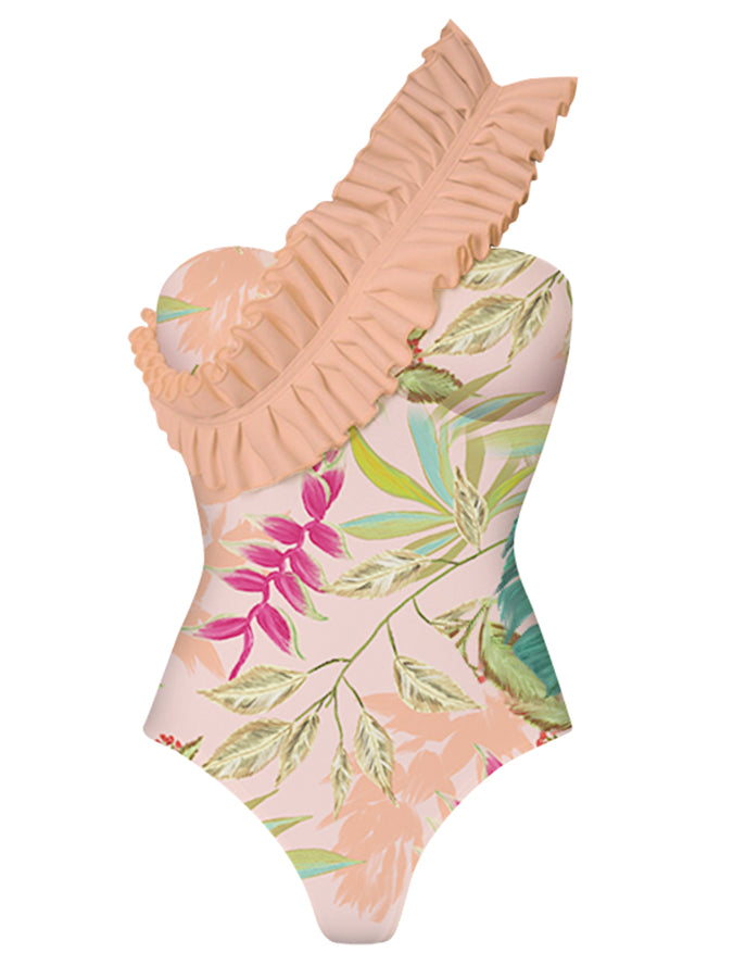 Botanical Print One Piece Swimsuits and Skirt