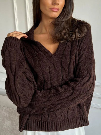Loose Lapel Patchwork Sweater Pullover Female Long Sleeve High Waist Y2k Top Knitwear Baggy Autumn Oversized Sweater