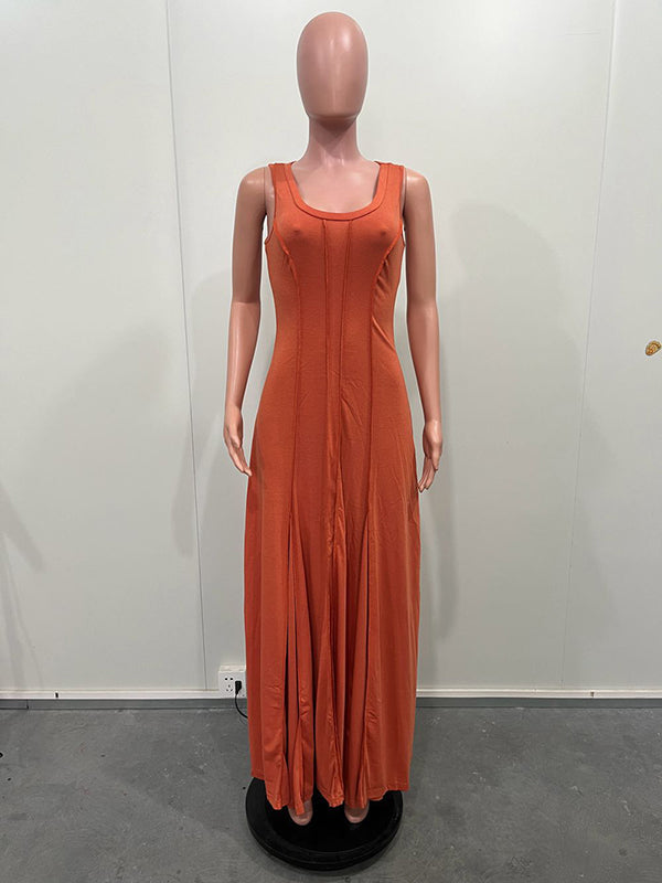 Sleeveless Color Split-joint U-neck Maxi Dresses