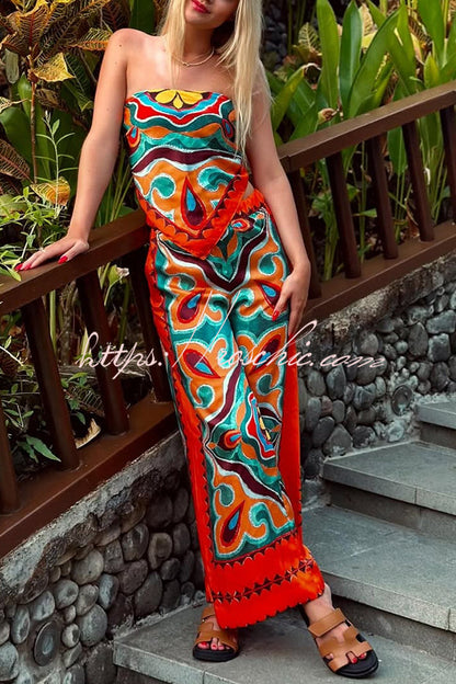 Style Unique Print Tube Top and Elastic Waist Pocket Wide Leg Pants Set