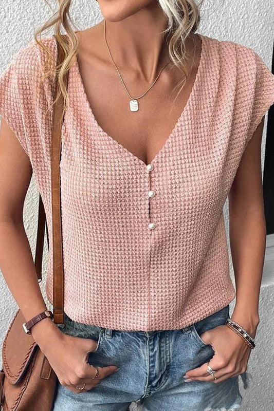 Waffle Color V Neck Button Pullover T-shirt