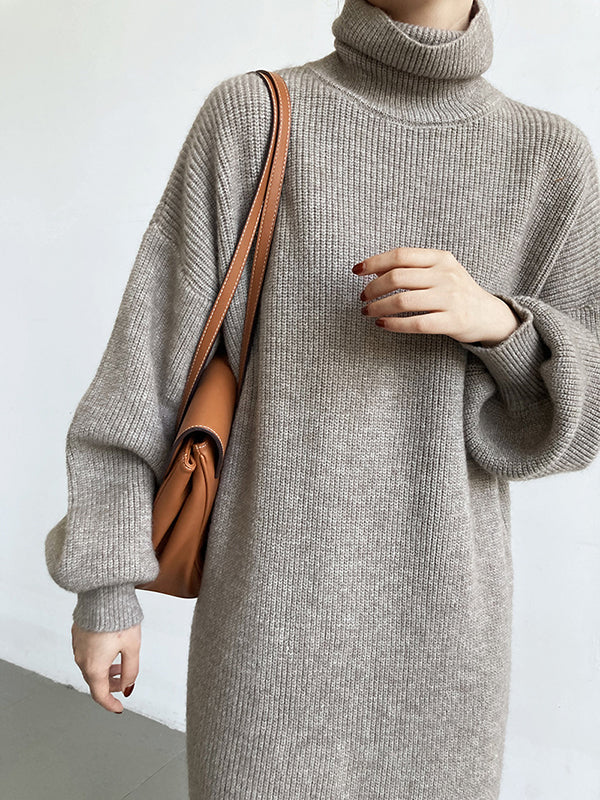 Urban Loose Purple High-neck Long Puff Sleeve Sweater Dress An1052