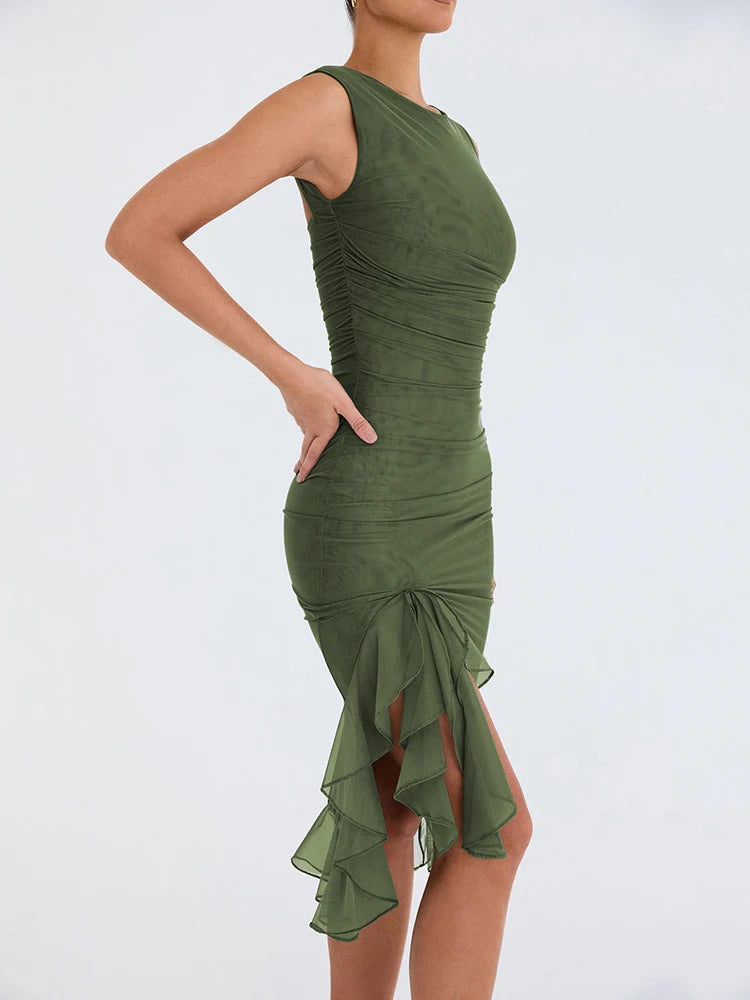 Ruffle Ruched Midi Dress for Robe Summer New Backless Sleeveless Irregular Club Party Dress Vestido