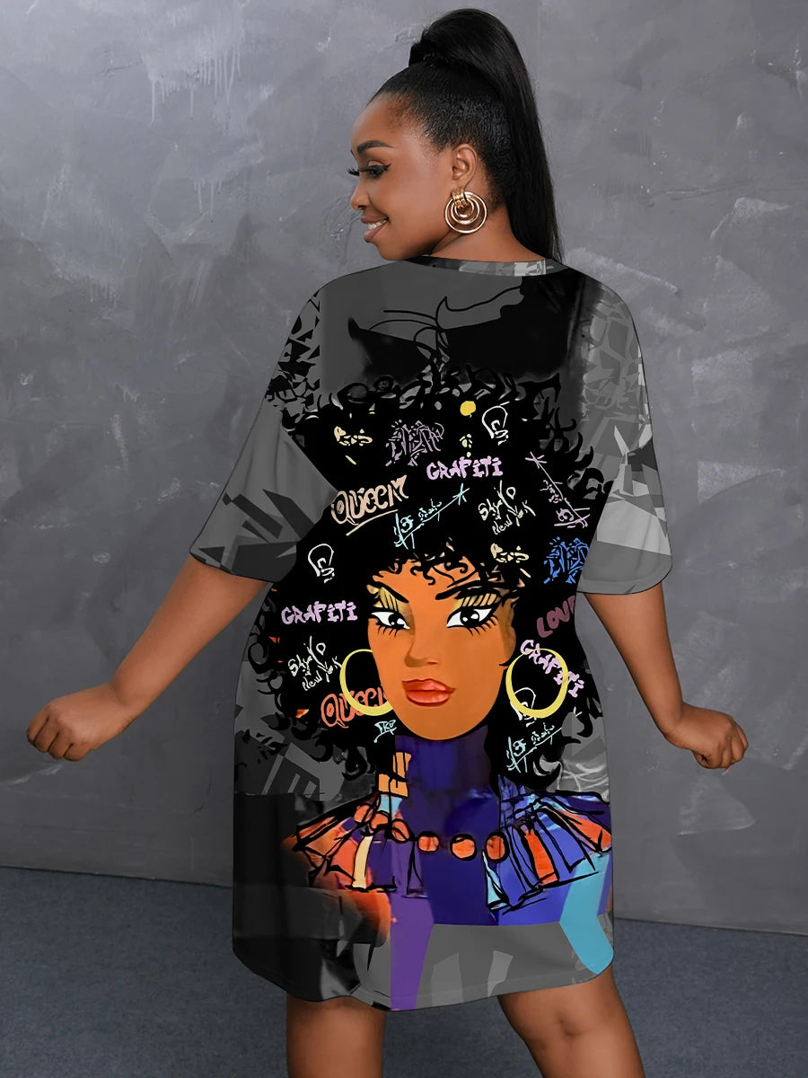 Figure Street Letter Print Patchwork Blue Knee Length Dress Oversized T-shirt Summer Y2k Outfit Boyfriend Tee