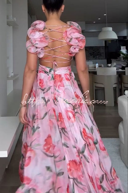 Whimsy Grace Tulle Ruffle Detail Back Lace-up Pleated Maxi Dress