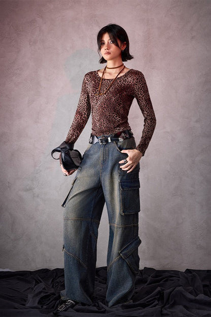 Leopard Print U-neck Slim Long-sleeve Blouse