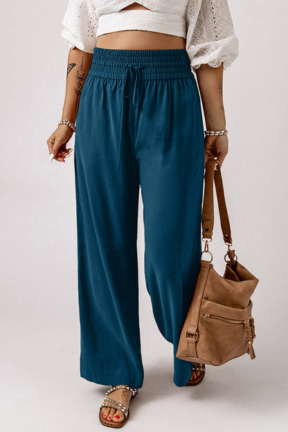 Drawstring Shirred Elastic Waist Wide Leg Pants
