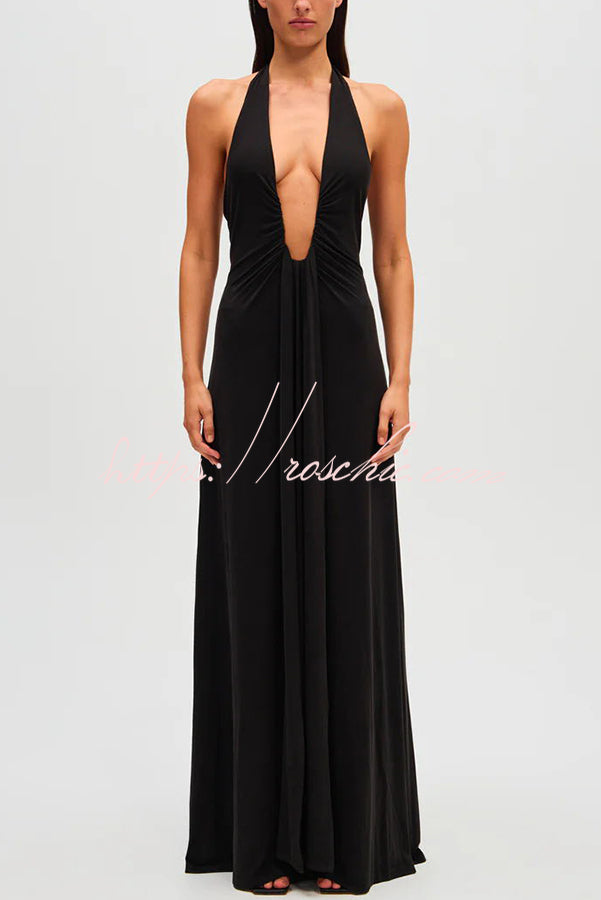 Silhouette Deep U-neck Halter Waterfall Sash Drape Maxi Dress