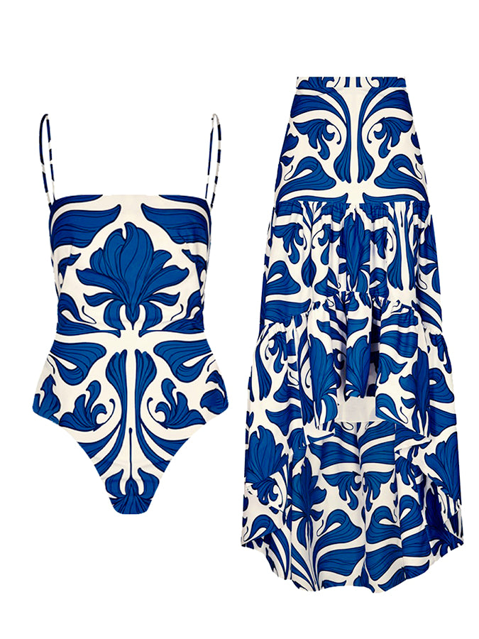 Retro Print One-piece Swimsuit and Skirt