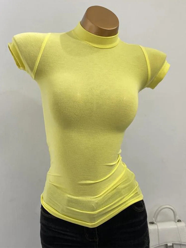 Half-high Collar T-shirt Korean Transparent Short-sleeved Slim-fit Elastic Inner Bottoming Shirt Big Chest T-shirt