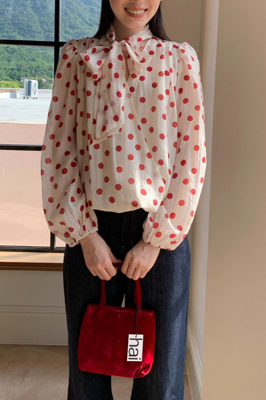 Polka Dot Tie-waist Long-sleeve Sweet Blouse