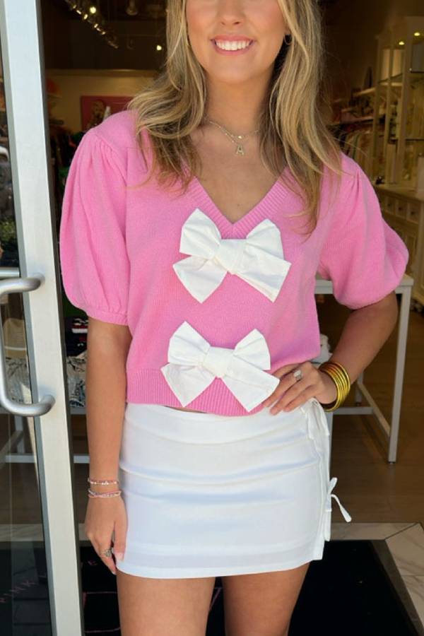 V-neck Short-sleeved Double Bow Color Sweater