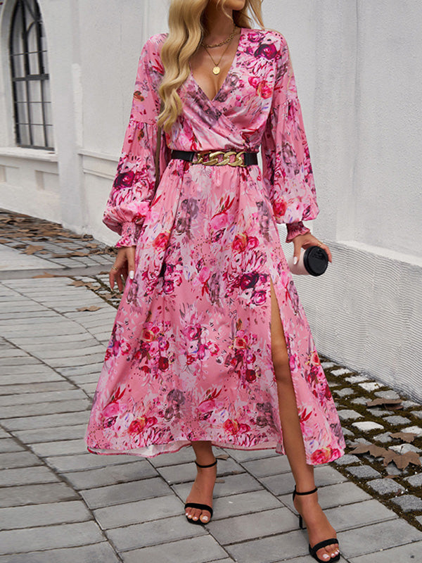 A-line High Waisted Elasticity Flower Print No Belt Split-side V-neck Maxi Dresses