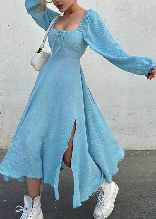 Fine Blue Square Collar Side Open Long Dress Fall Ee012