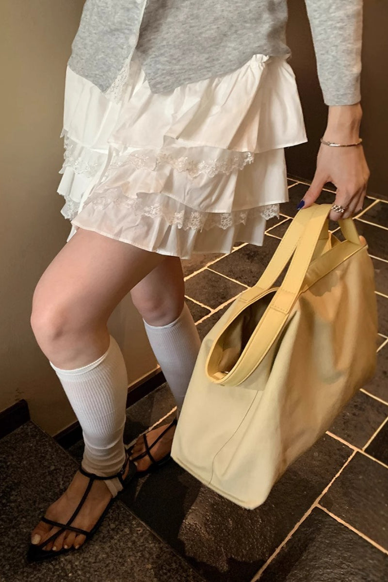 High Waist Tiered Ruffle a Line White Mini Skirt