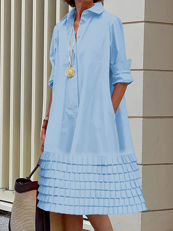 A-line Long Sleeves Layered Pleated Pockets Color Split-joint Lapel Midi Dresses Shirt Dress